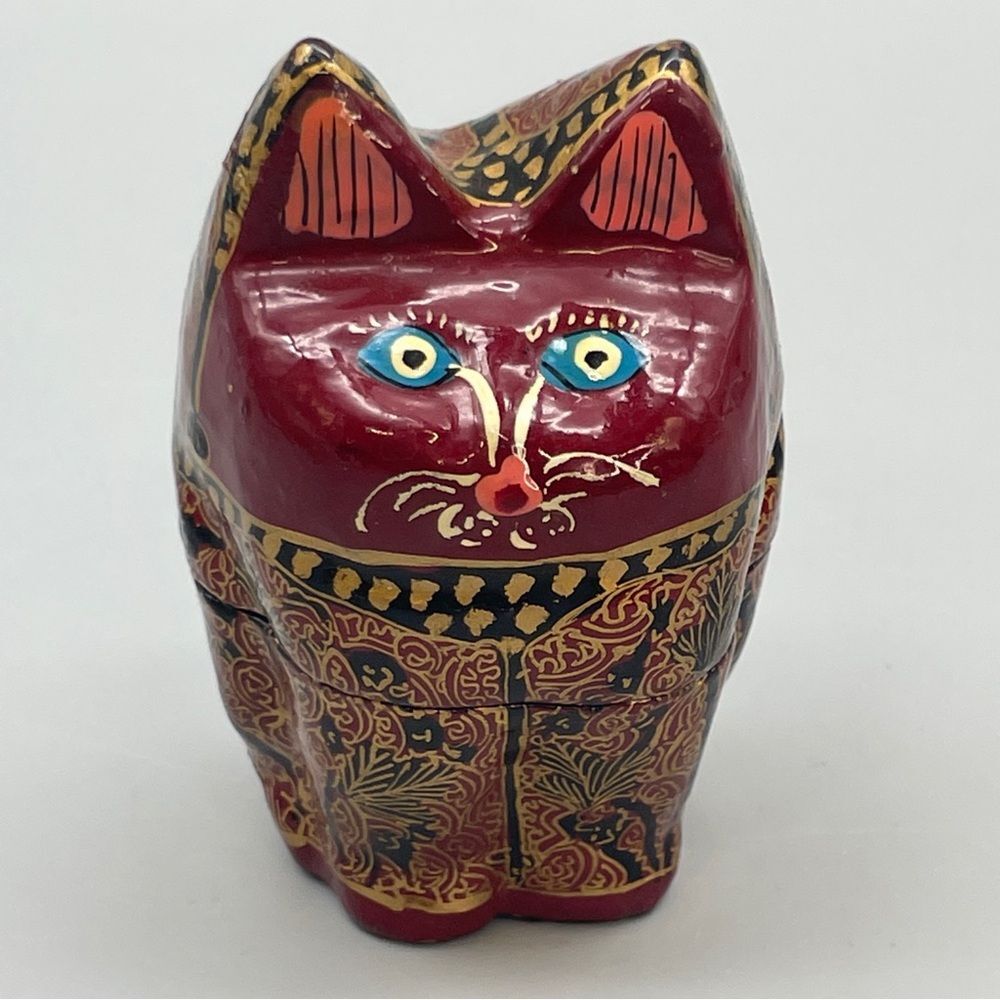 Red Cat Trinket Box Vintage 80s Handcrafted Paper Mache